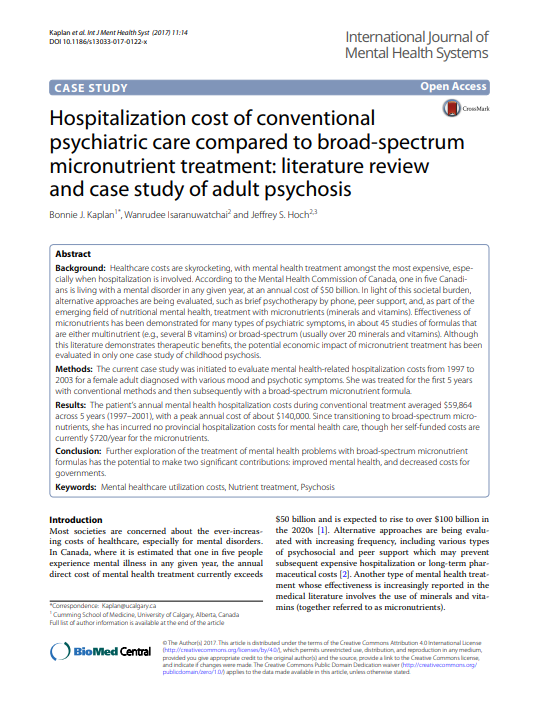 Hospitalization cost of conventional psychiatric care compared to broadspectrum micronutrient treatment literature review and case study of adult psychosis Int J Ment Syst Micronutrients Research