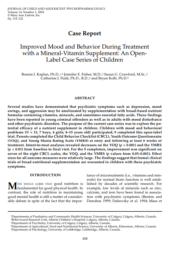 Improved mood and behavior during treatment with a mineral vitamin supplement an open label case series of children micronutrients research Micronutrients Research