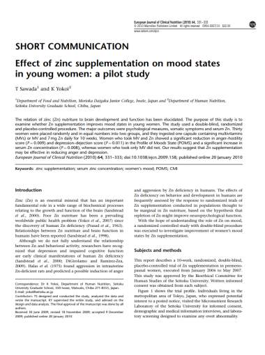 Effect of zinc supplementation on mood states in young women a pilot study Eur J Clin Nutr Micronutrients Research