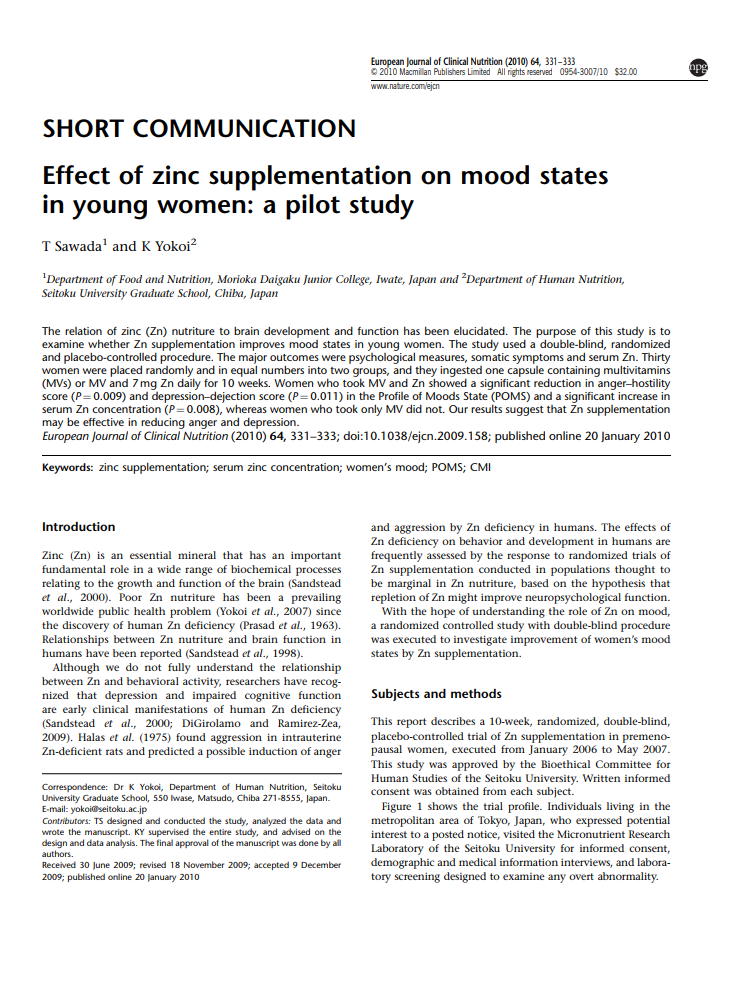 Effect of zinc supplementation on mood states in young women a pilot study Eur J Clin Nutr Micronutrients Research