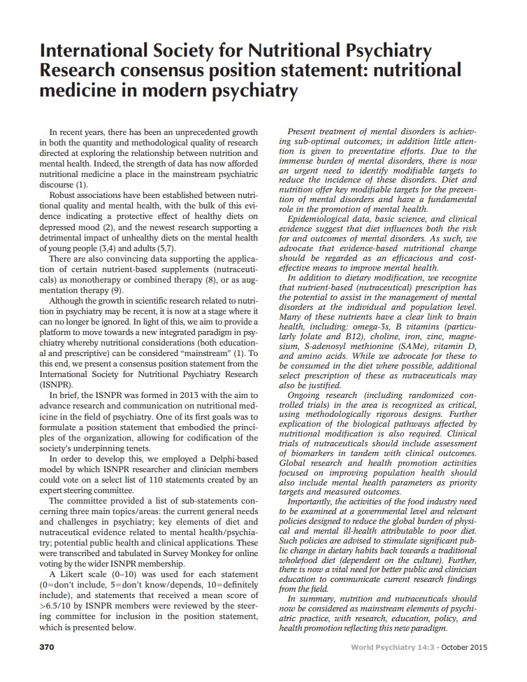 International Society for Nutritional Psychiatry Research consensus position statement nutritional medicine in modern psychiatry Micronutrients Research