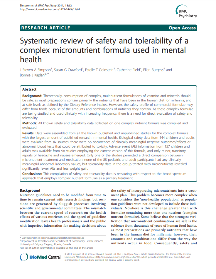 Systematic review of safety and tolerability of a complex micronutrient formula used in mental health BMC Psychiatry